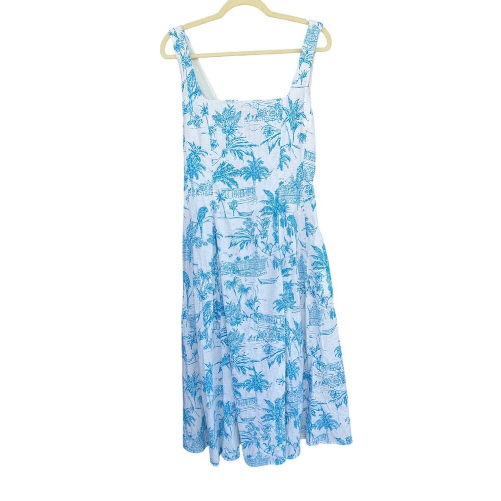 Joie Blue White Palm Tree Print Linen Blend Square Neck Midi Dress - Picture 3 of 9